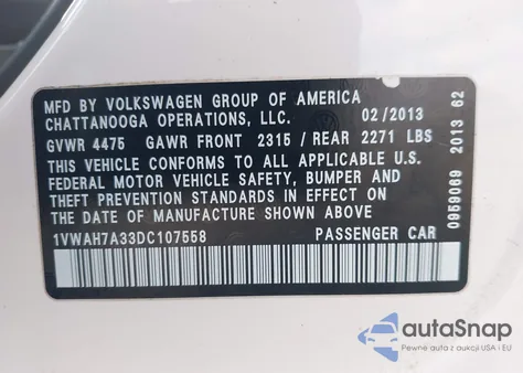 2013 Volkswagen Passat S from USA, damaged, VIN 1VWAH7A33DC107558